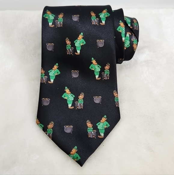 Romario Manzini Navy Blue St Patrick's Day Leprechaun Pot Of Gold Necktie Tie - Picture 2 of 9